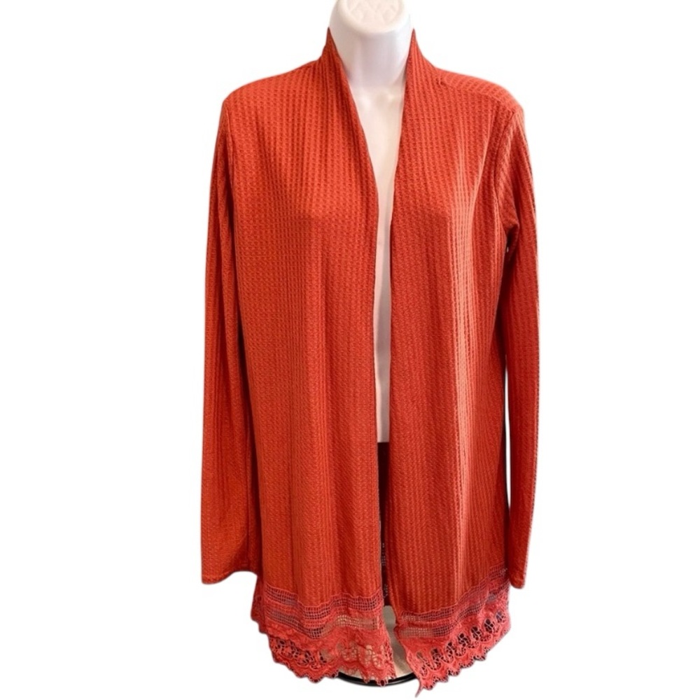 NWT Mark Edwards Apparel Waffle Knit Boho Open Cardigan Lace Trim Cinnabarr Sz M